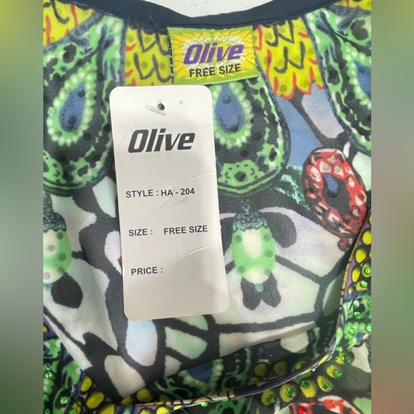 Vibrant Multicolor V-neck Kaftan Dress with rhinestones. One size. Sheer - Picture 5 of 10